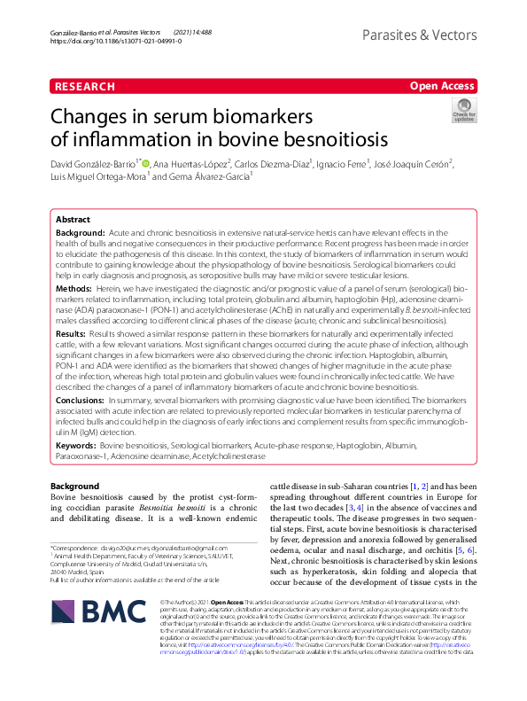 (PDF) Changes in serum biomarkers of inflammation in bovine besnoitiosis