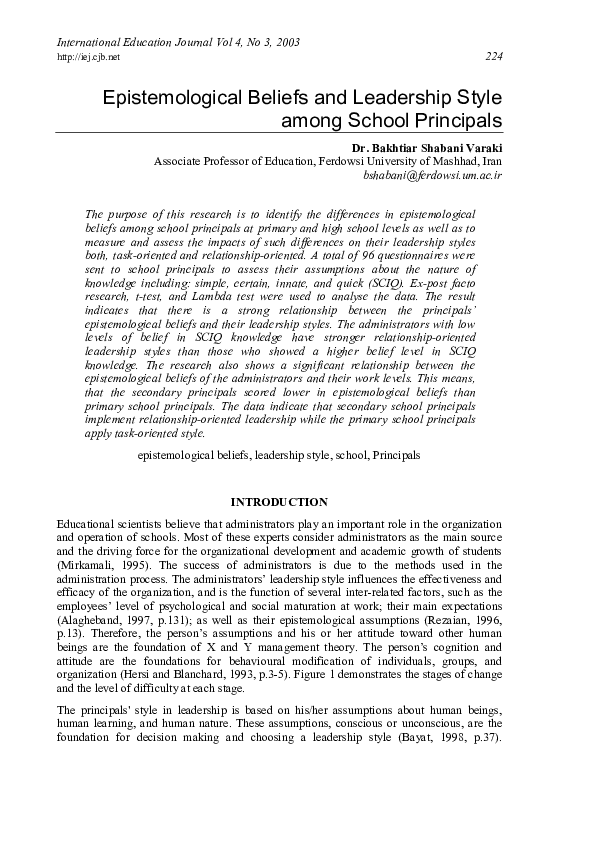 (PDF) Epistemological Beliefs and Leadership Style among School Principals