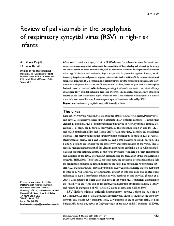 (PDF) Review of palivizumab in the prophylaxis of respiratory syncytial ...