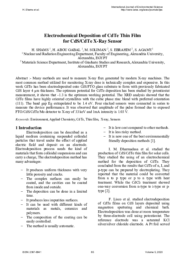 (PDF) Electrochemical Deposition of CdTe Thin Film for CdS/CdTe X-Ray ...
