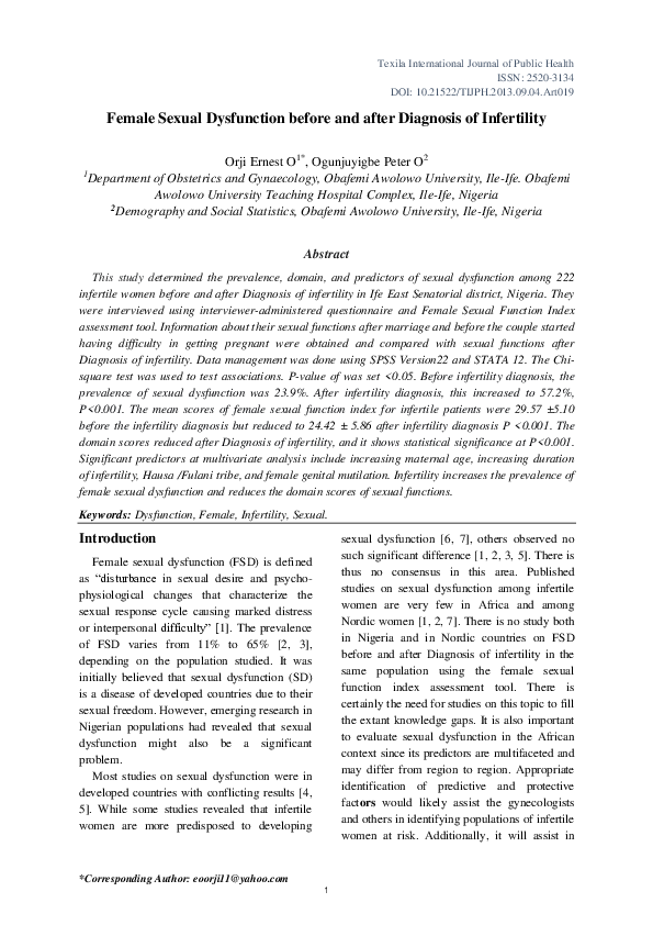 (PDF) Female Sexual Dysfunction before and after Diagnosis of Infertility