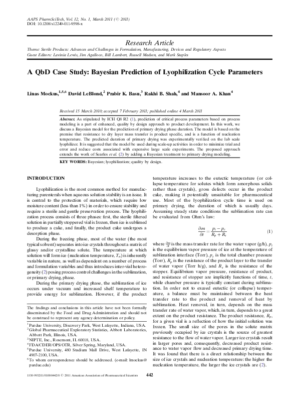 (PDF) A QbD Case Study Bayesian Prediction of Lyophilization Cycle