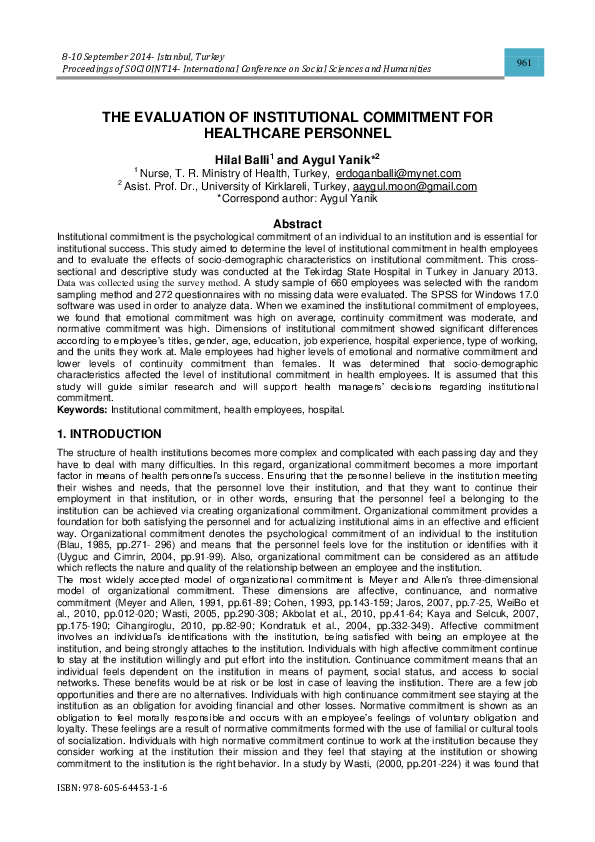 (PDF) The Evaluation of Institutional Commitment for Healthcare Personnel