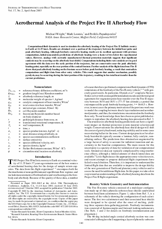 (PDF) Aerothermal analysis of the project FIRE II afterbody flow