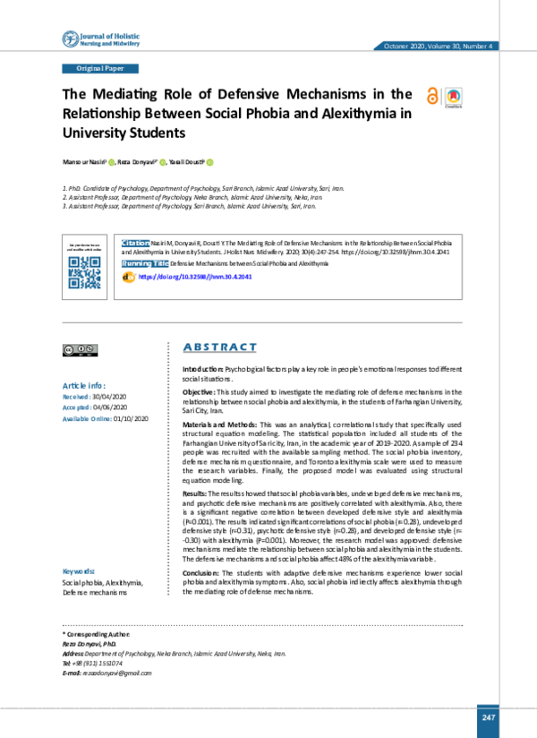 (PDF) The Mediating Role of Defensive Mechanisms in the Relationship ...