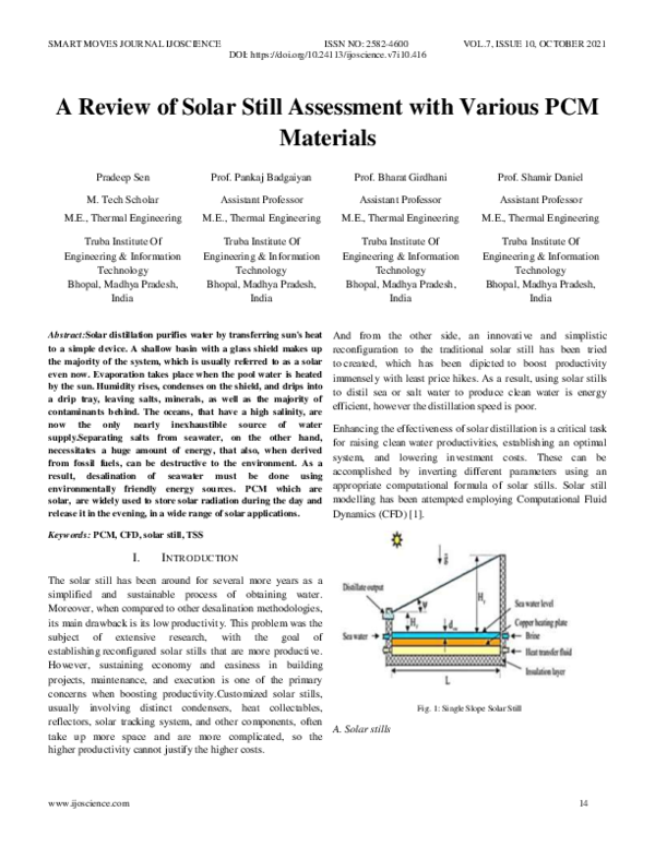 (PDF) A Review of Solar Still Assessment with Various PCM Materials