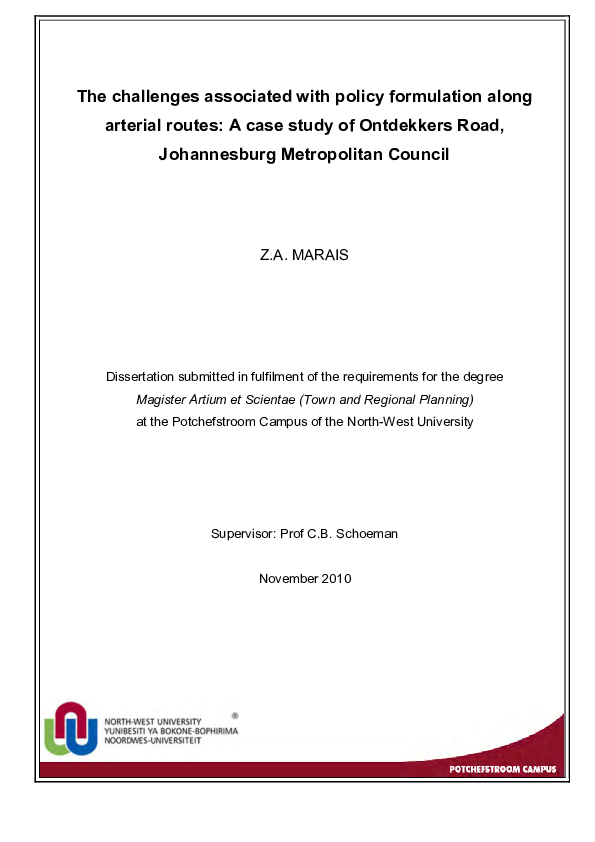 The challenges associated with policy formulation along arterial routes : a case study of Ontdekkers Road, Johannesburg Metropolitan Council