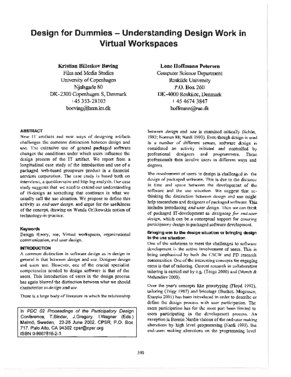 (PDF) Design for Dummies - understanding Design Work in Virtual Workspaces