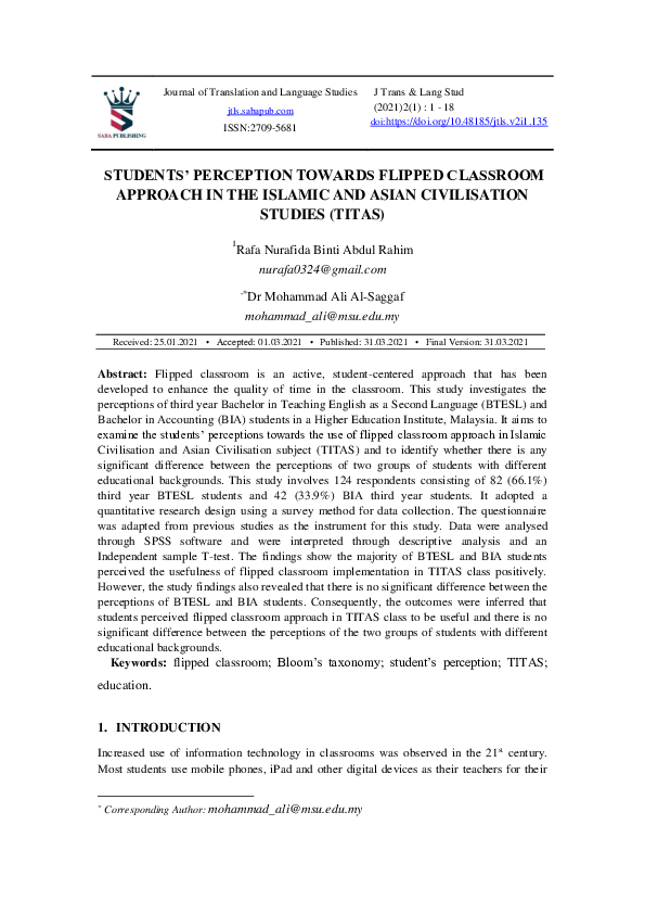 (PDF) Students’ Perception Towards Flipped Classroom Approach in The ...