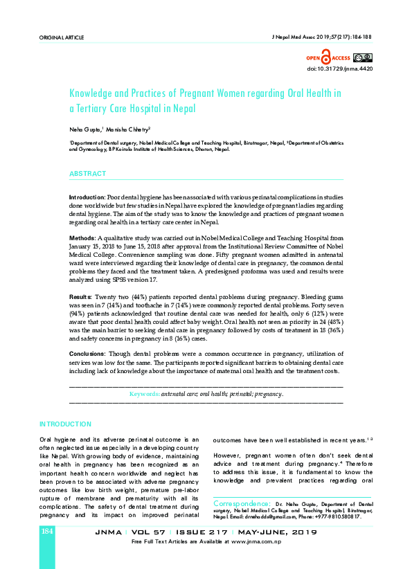 (PDF) Knowledge and Practices of Pregnant Women regarding Oral Health ...