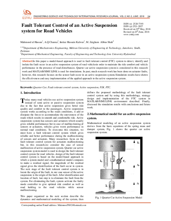 (PDF) Fault Tolerant Control of an Active Suspension system for Road ...
