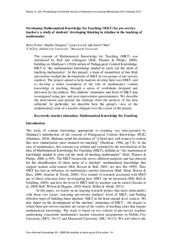 (PDF) Developing Mathematical Knowledge for Teaching (MKT) for pre ...