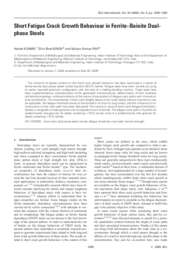(PDF) Short fatigue crack growth behaviour in ferrite-bainite dual ...