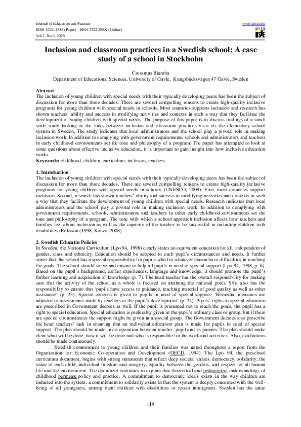 (PDF) Inclusion and Classroom Practices in a Swedish School: A Case ...