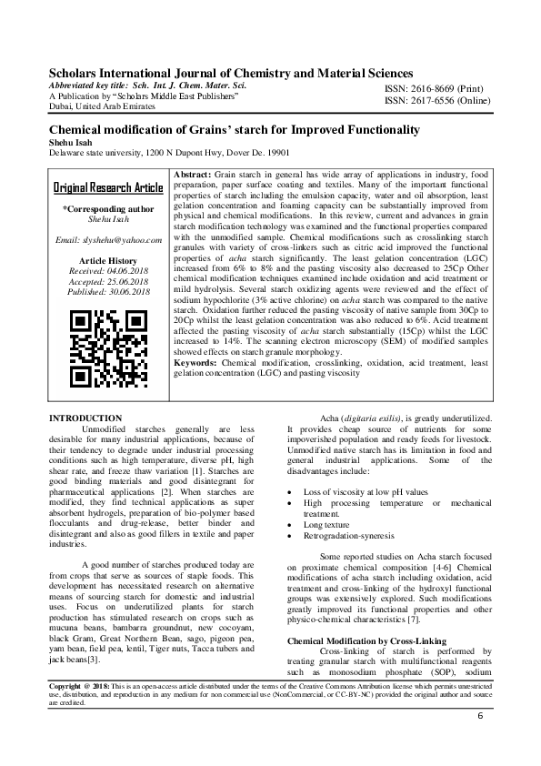 (PDF) Chemical modification of Grains’ starch for Improved Functionality
