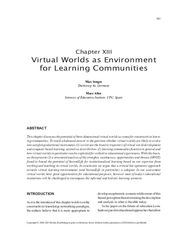 (PDF) Virtual Worlds as Environment for Learning Communities