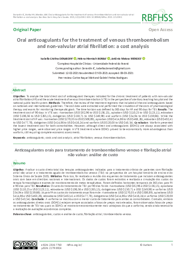 (PDF) Oral anticoagulants for the treatment of venous thromboembolism ...