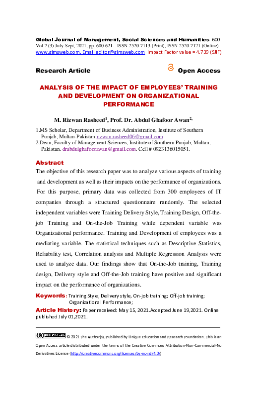 (PDF) ANALYSIS OF THE IMPACT OF EMPLOYEES' TRAINING AND DEVELOPMENT ON ...