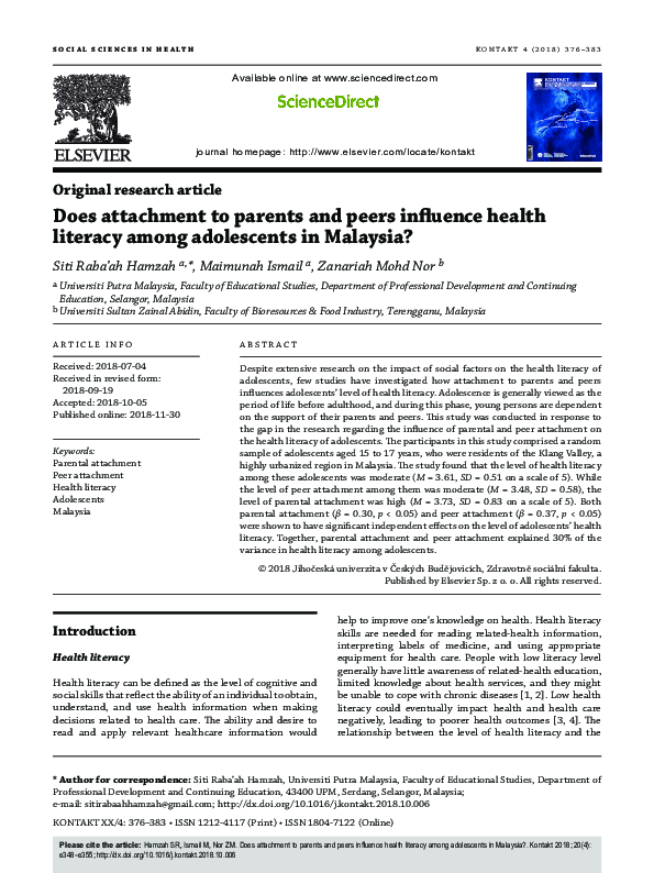 (PDF) Does attachment to parents and peers influence health literacy ...