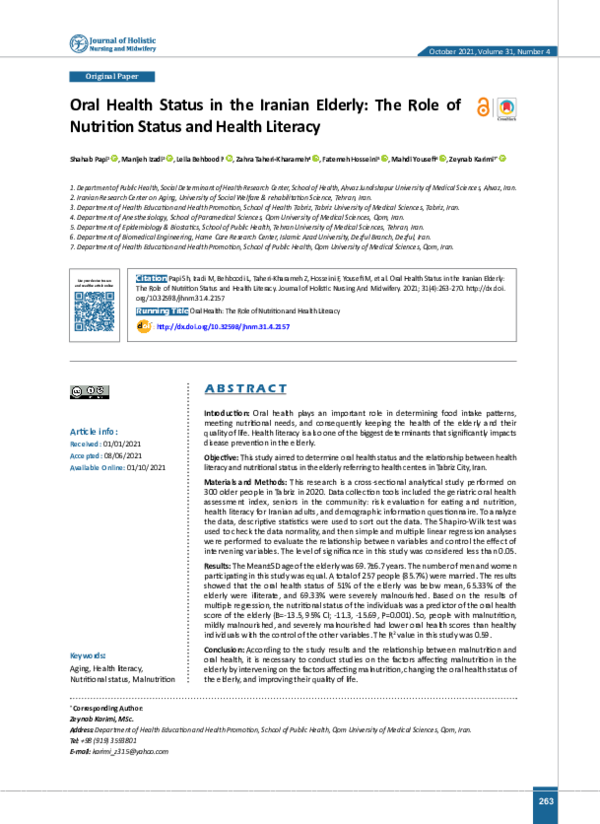 (PDF) Oral Health Status in the Iranian Elderly The Role of Nutrition