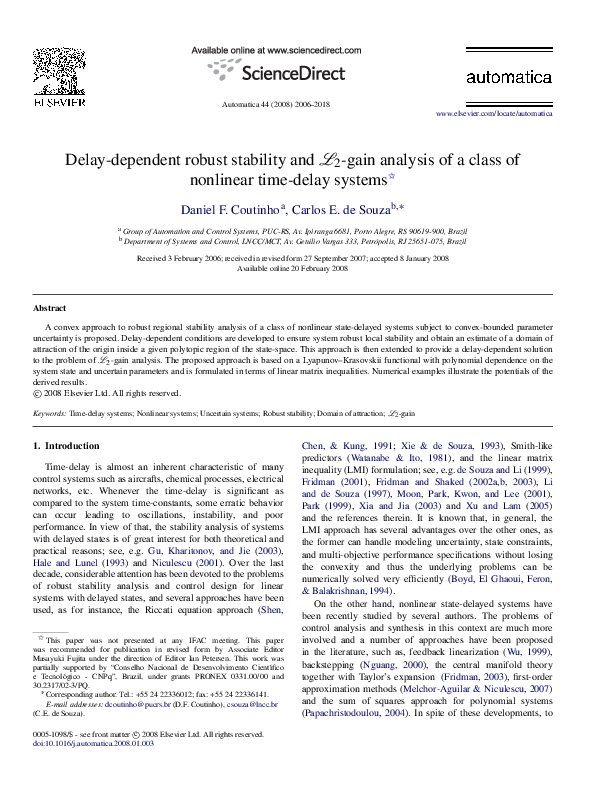 (PDF) Delay-dependent robust stability and -gain analysis of a class of ...