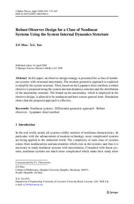 (PDF) Robust Observer Design for a Class of Nonlinear Systems Using the ...