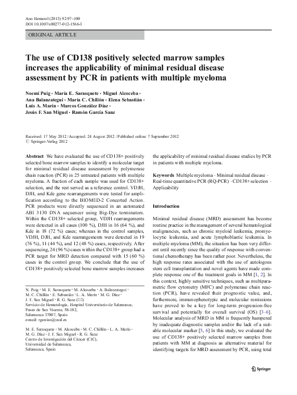 (PDF) The use of CD138 positively selected marrow samples increases the ...