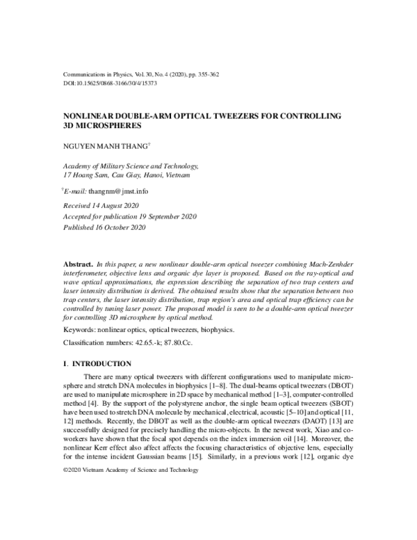 (PDF) Nonlinear Double-arm Optical Tweezers for Controlling 3D Microspheres