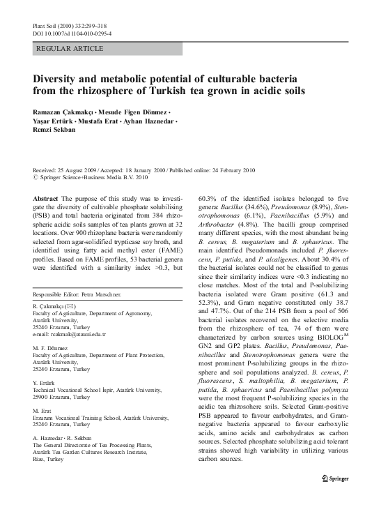 First page of “Diversity and metabolic potential of culturable bacteria from the rhizosphere of Turkish tea grown in acidic soils”