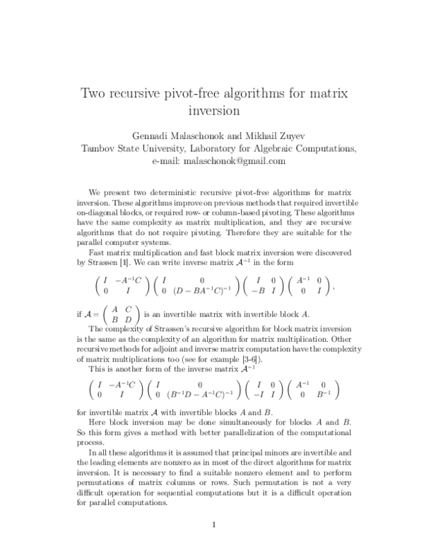 (PDF) Two recursive pivot-free algorithms for matrix inversion