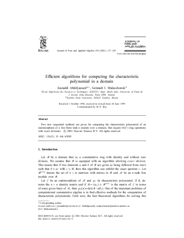 (PDF) Efficient algorithms for computing the characteristic polynomial ...