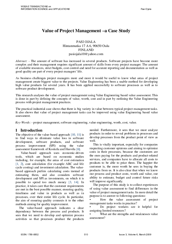 (PDF) Value of project management: a case study
