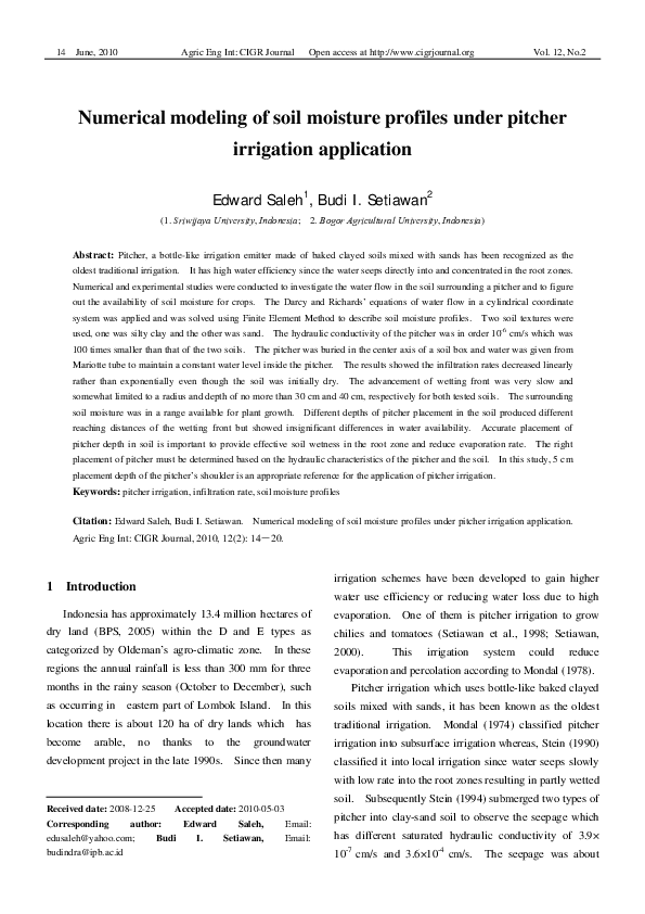 (PDF) Numerical modeling of soil moisture profiles under pitcher ...