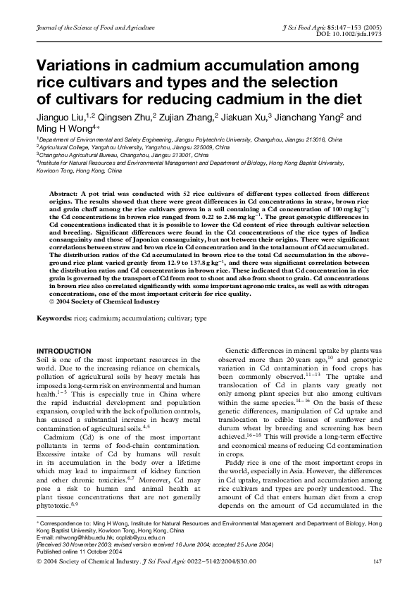 (PDF) Variations in cadmium accumulation among rice cultivars and types ...