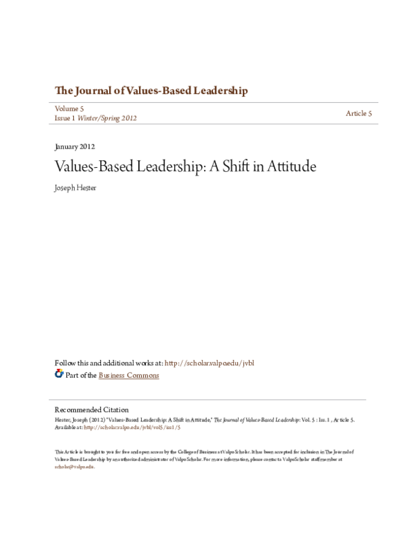 (PDF) Values-Based Leadership : A Shift in Attitude Background ...