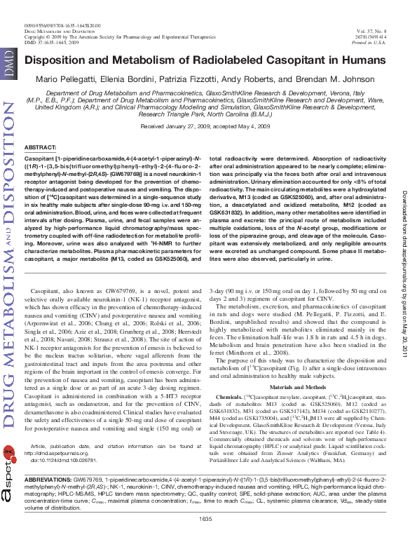 (PDF) Disposition and metabolism of radiolabeled casopitant in humans