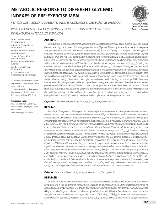 (PDF) Metabolic response to different glycemic indexes of pre-exercise meal