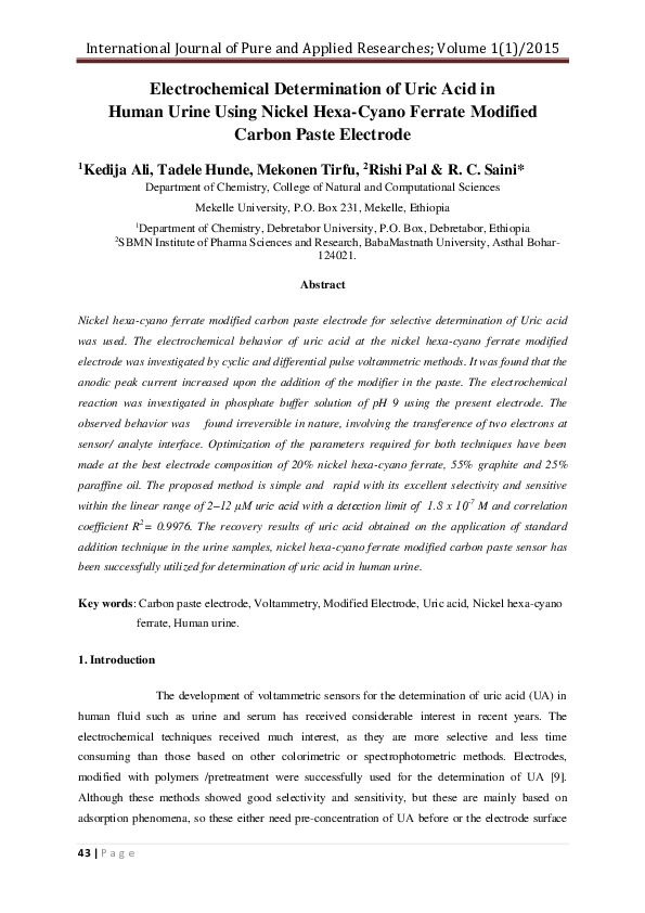 (PDF) Electrochemical Determination of Uric Acid in Human Urine Using ...
