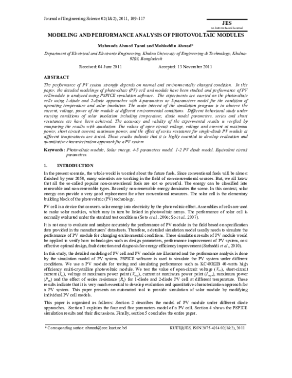 (PDF) Modeling and Performance Analysis of Photovoltaic Modules