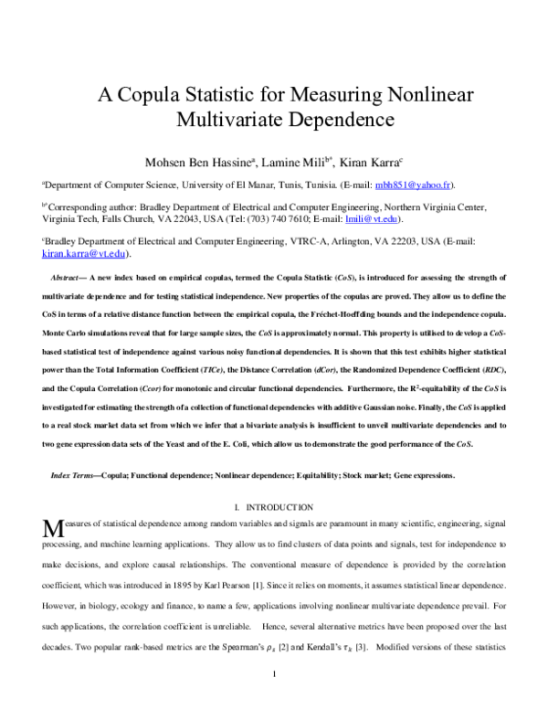 (PDF) A Copula Statistic for Measuring Nonlinear Multivariate Dependence