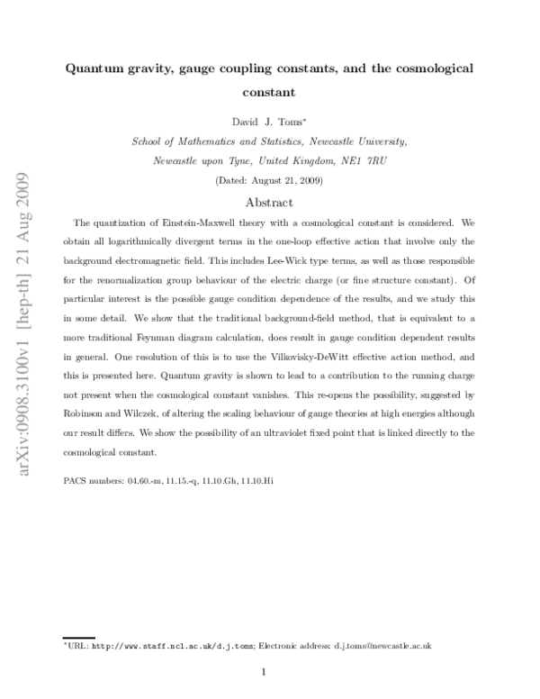 (PDF) Quantum gravity, gauge coupling constants, and the cosmological