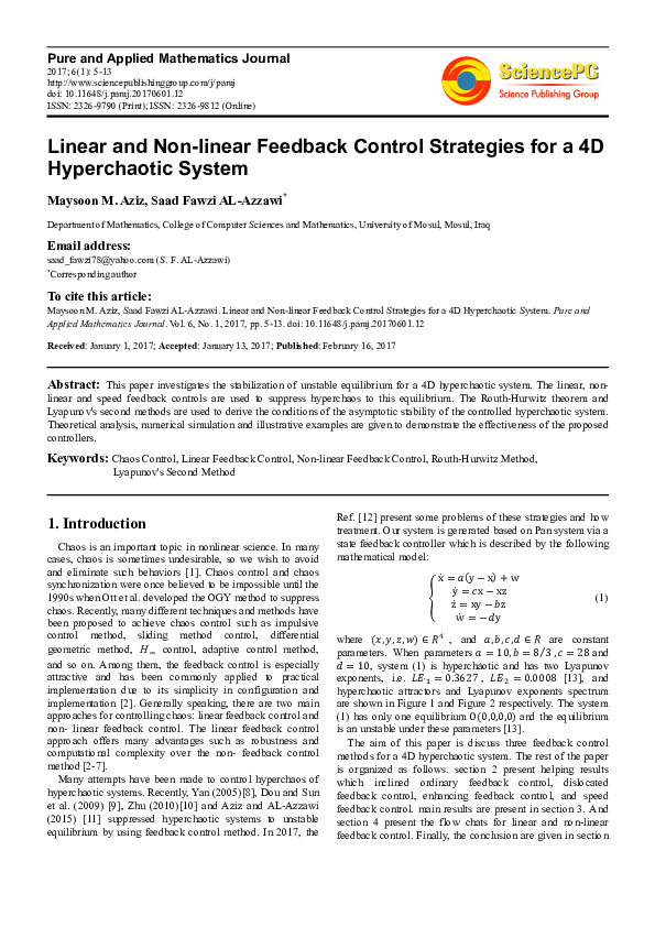 (PDF) Linear and Non-linear Feedback Control Strategies for a 4D ...
