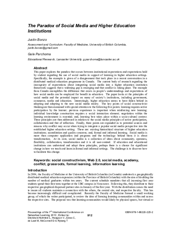 (PDF) The paradox of social media in higher education institutions