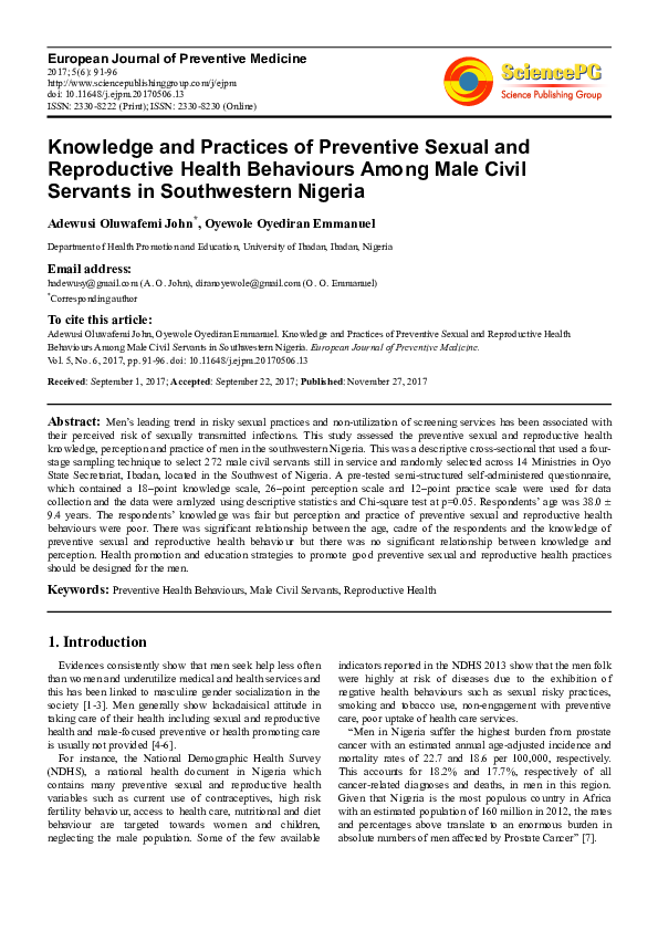 (PDF) Knowledge and Practices of Preventive Sexual and Reproductive ...