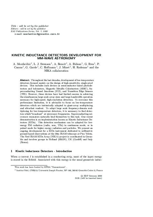 (PDF) Kinetic Inductance Detectors development for mm-wave Astronomy