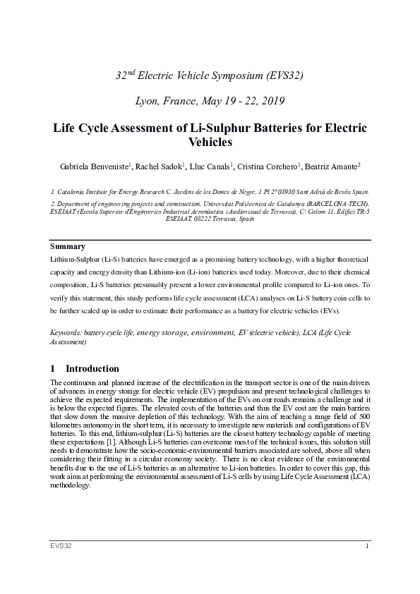 (PDF) Life Cycle Assessment of Li-Sulphur Batteries for Electric Vehicles