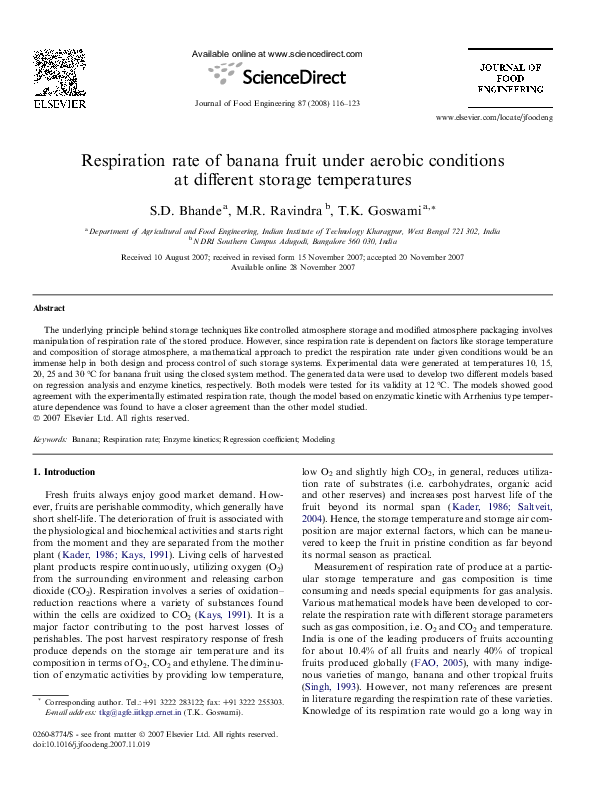 (PDF) Respiration rate of banana fruit under aerobic conditions at