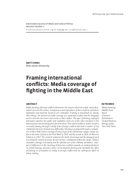 (PDF) Framing international conflicts: Media coverage of fighting in ...