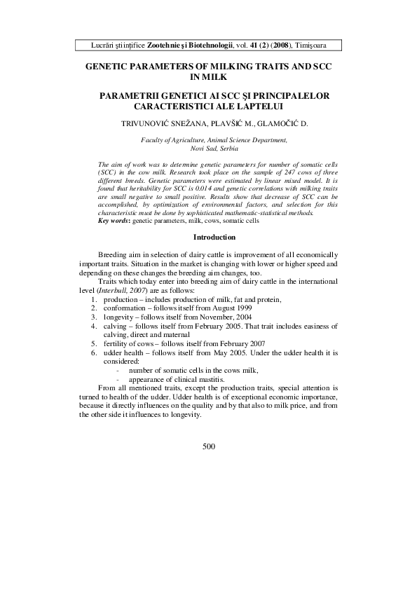 (PDF) Genetic parameters of milking traits and SCC in milk