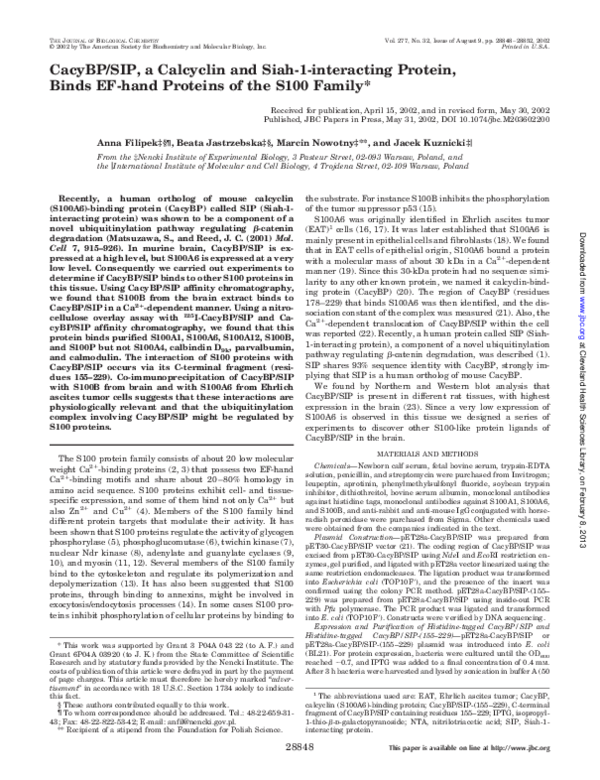(PDF) CacyBP/SIP, a Calcyclin and Siah-1-interacting Protein, Binds EF ...
